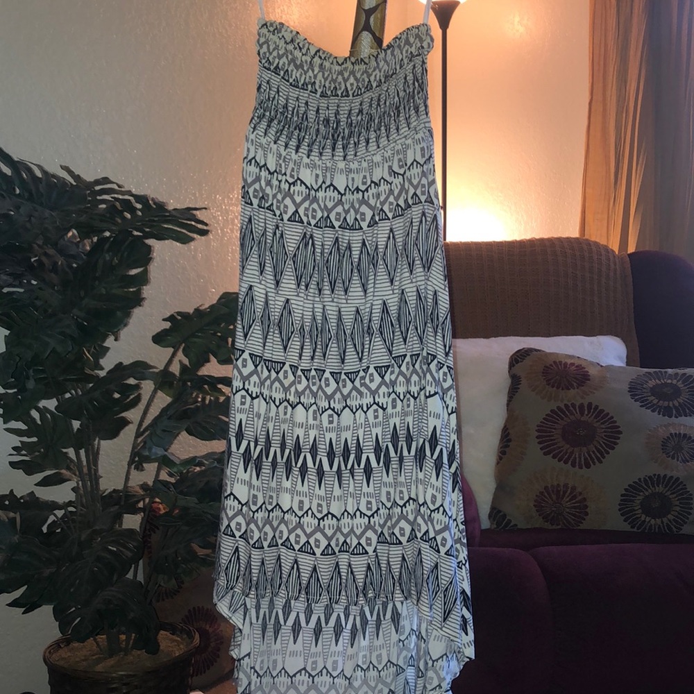 Aztec high low strapless dress